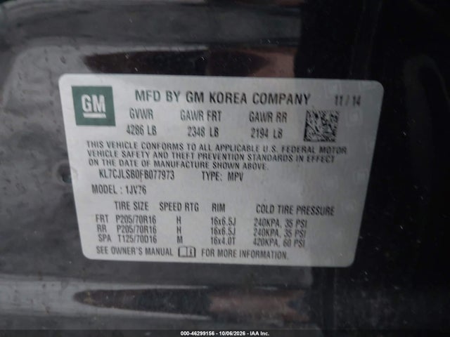 46299156 :رقم المزاد ، KL7CJLSB0FB077973 vin ، 2015 Chevrolet Trax Lt مزاد بيع