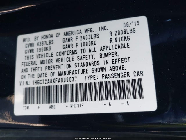 Продажа на аукционе авто 2015 Honda Accord Ex-l V-6, vin: 1HGCT2A8XFA009037, номер лота: 46299219