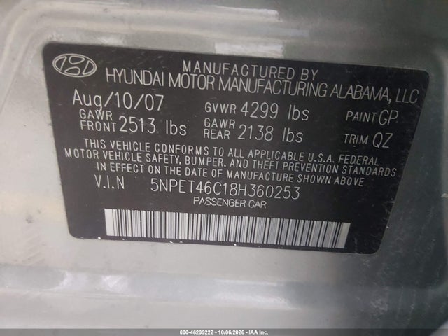 Продаж на аукціоні авто 2008 Hyundai Sonata Gls, vin: 5NPET46C18H360253, номер лоту: 46299222