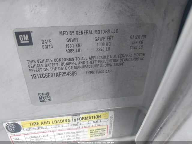 46299254 :رقم المزاد ، 1G1ZC5E01AF254389 vin ، 2010 Chevrolet Malibu Lt مزاد بيع