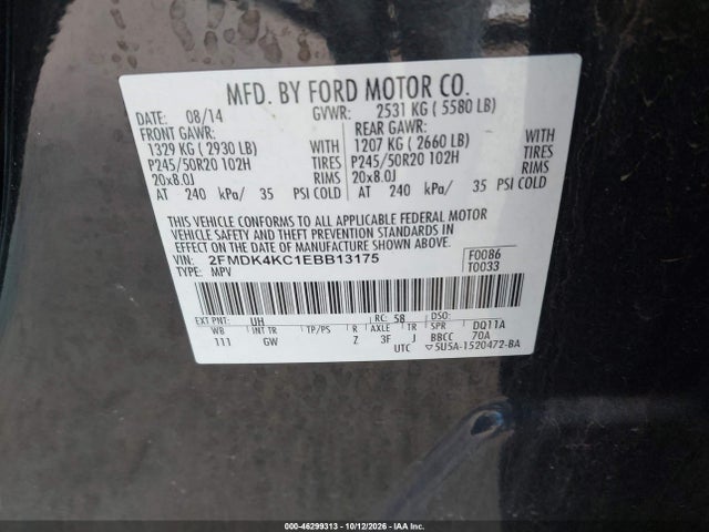 46299313 :رقم المزاد ، 2FMDK4KC1EBB13175 vin ، 2014 Ford Edge Limited مزاد بيع