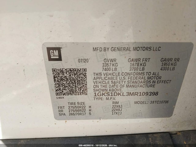 2021 Gmc Yukon 2wd Denali მანქანა იყიდება აუქციონზე, vin: 1GKS1DKL3MR109398, აუქციონის ნომერი: 46299318