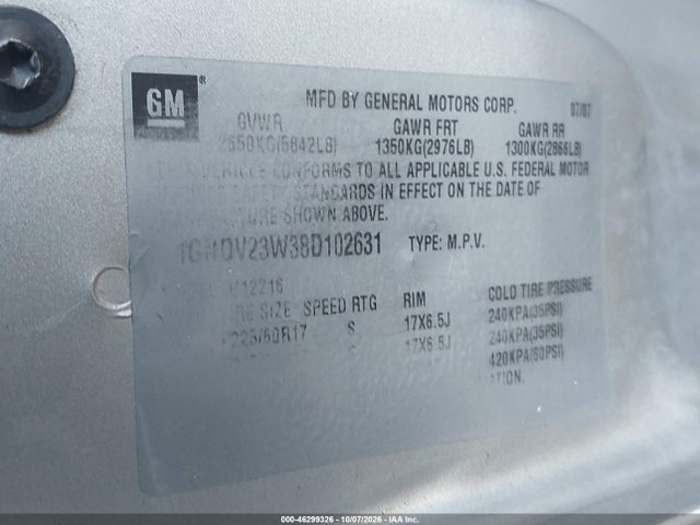 Aukcja sprzedaży 2008 Chevrolet Uplander Ls, vin: 1GNDV23W38D102631, numer aukcji: 46299326