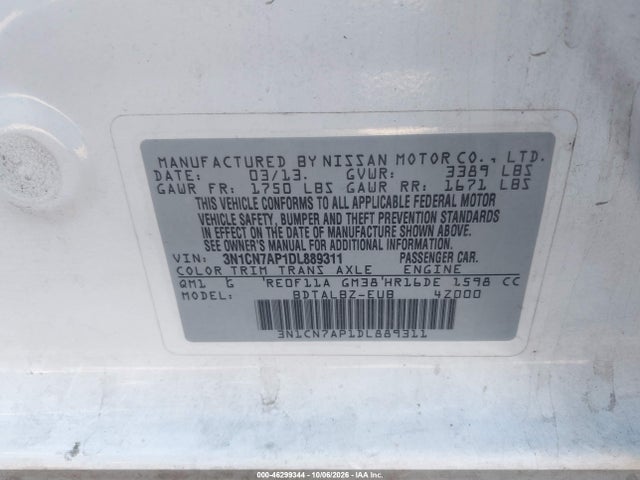 Aukcja sprzedaży 2013 Nissan Versa 1.6 Sv, vin: 3N1CN7AP1DL889311, numer aukcji: 46299344