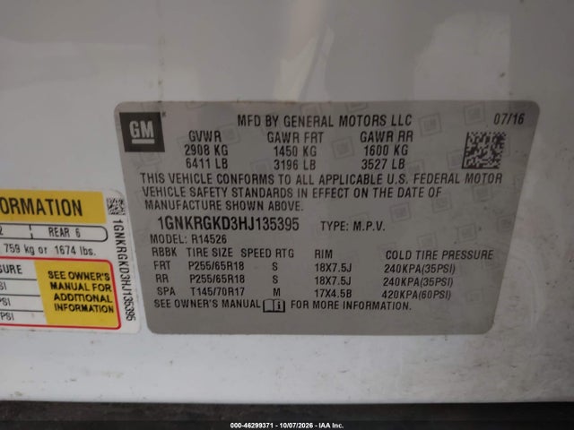 Chevrolet Traverse 1lt 2017 1GNKRGKD3HJ135395 Image 9