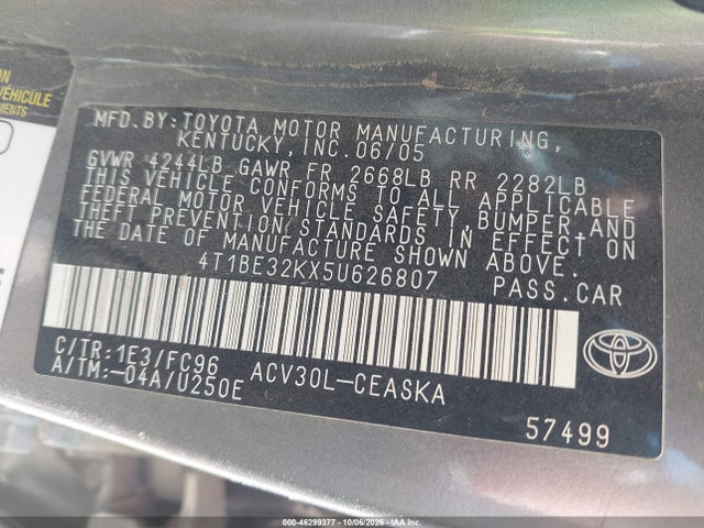 Продажа на аукционе авто 2005 Toyota Camry Se, vin: 4T1BE32KX5U626807, номер лота: 46299377