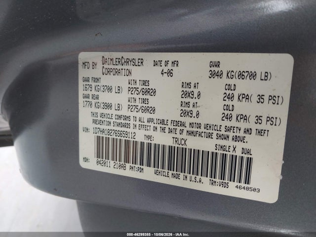 46299385 :رقم المزاد ، 1D7HA18276S659112 vin ، 2006 Dodge Ram 1500 Slt مزاد بيع