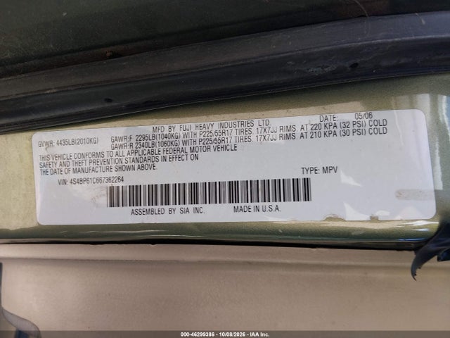 Aukcja sprzedaży 2006 Subaru Outback 2.5i, vin: 4S4BP61C667362264, numer aukcji: 46299386