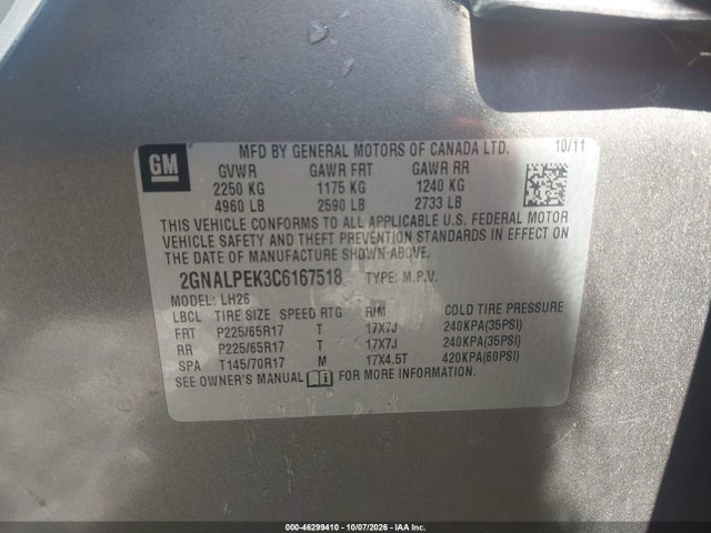 Aukcja sprzedaży 2012 Chevrolet Equinox 2lt, vin: 2GNALPEK3C6167518, numer aukcji: 46299410