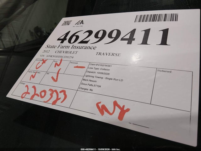 46299411 :رقم المزاد ، 1GNKVGEDXCJ391274 vin ، 2012 Chevrolet Traverse 1lt مزاد بيع