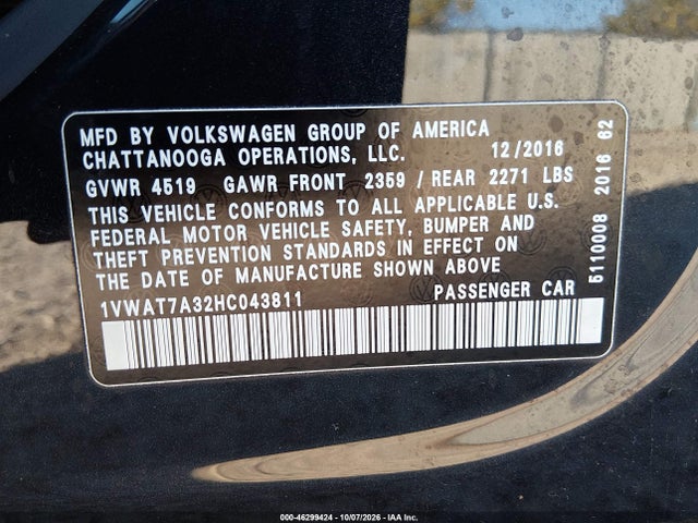 2017 Volkswagen Passat 1.8t S მანქანა იყიდება აუქციონზე, vin: 1VWAT7A32HC043811, აუქციონის ნომერი: 46299424