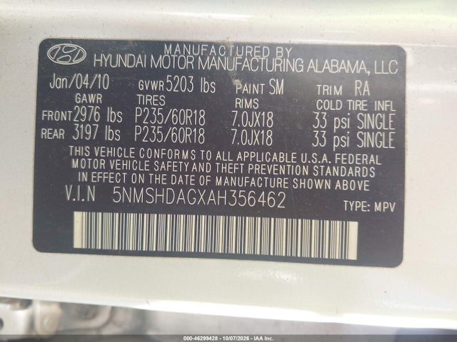Продажа на аукционе авто 2010 Hyundai Santa Fe Se, vin: 5NMSHDAGXAH356462, номер лота: 46299428