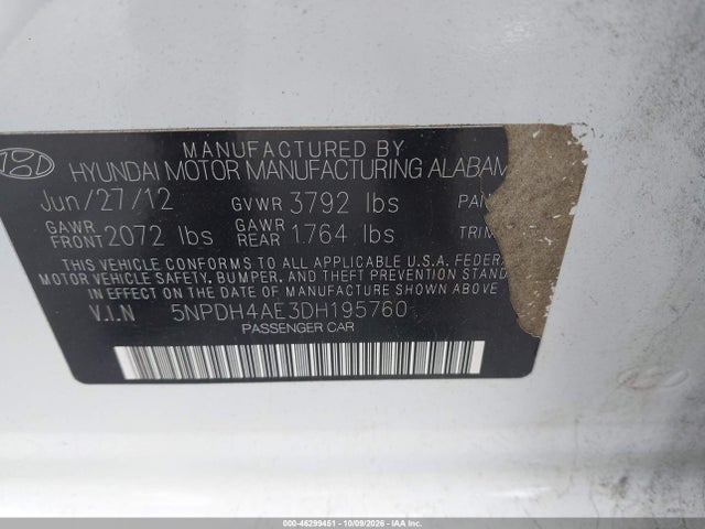 Продаж на аукціоні авто 2013 Hyundai Elantra Gls, vin: 5NPDH4AE3DH195760, номер лоту: 46299451