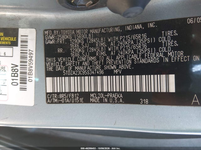 Aukcja sprzedaży 2005 Toyota Sienna Le, vin: 5TDZA23C95S347496, numer aukcji: 46299453