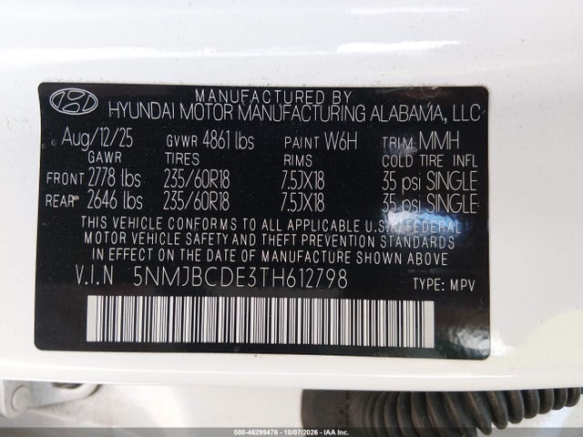 Продаж на аукціоні авто 2026 Hyundai Tucson Sel, vin: 5NMJBCDE3TH612798, номер лоту: 46299476