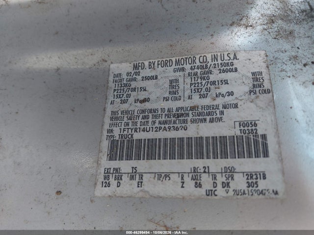 46299494 :رقم المزاد ، 1FTYR14U12PA93620 vin ، 2002 Ford Ranger Edge/tremor/xl/xlt مزاد بيع