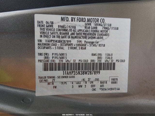 46299511 :رقم المزاد ، 1FAHP35N38W287899 vin ، 2008 Ford Focus Se/ses مزاد بيع