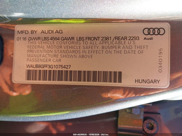 Продаж на аукціоні авто 2016 Audi A3 2.0t Premium, vin: WAUB8GFF3G1075427, номер лоту: 46299520