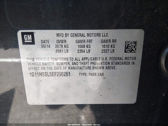 46299564 :رقم المزاد ، 1G11H5SL5EF296261 vin ، 2014 Chevrolet Malibu 1lz مزاد بيع