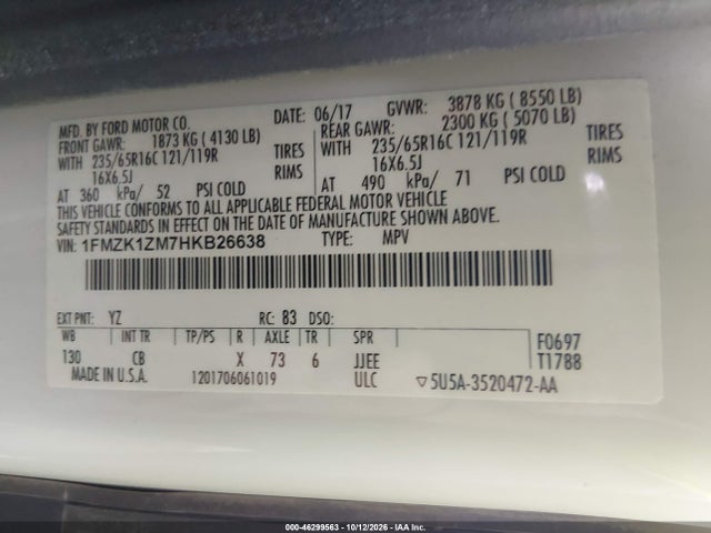 Продажа на аукционе авто 2017 Ford Transit-150 Xl, vin: 1FMZK1ZM7HKB26638, номер лота: 46299563