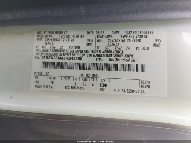 Продажа на аукционе авто 2018 Ford Transit-350 Xl, vin: 1FBZX2ZM4JKB42950, номер лота: 46299568
