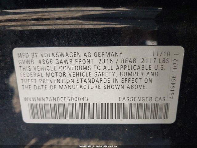 2012 Volkswagen Cc Sport მანქანა იყიდება აუქციონზე, vin: WVWMN7AN0CE500043, აუქციონის ნომერი: 46299613