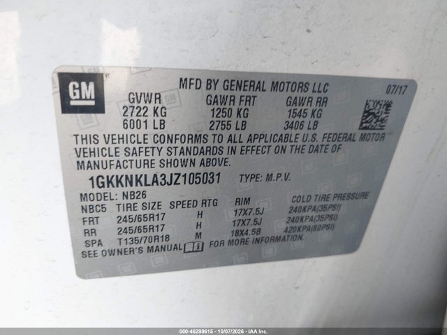 1GKKNKLA3JZ105031 GMC Acadia Sle-1
