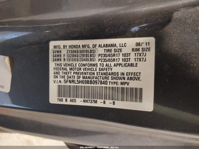 Aukcja sprzedaży 2011 Honda Odyssey Ex-l, vin: 5FNRL5H69BB097840, numer aukcji: 46299631