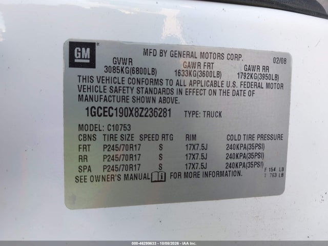 Продаж на аукціоні авто 2008 Chevrolet Silverado 1500 Lt1, vin: 1GCEC190X8Z236281, номер лоту: 46299633