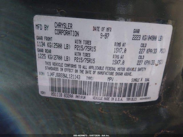 Aukcja sprzedaży 1998 Jeep Cherokee Classic/limited/sport, vin: 1J4FJ68S9WL121143, numer aukcji: 46299673