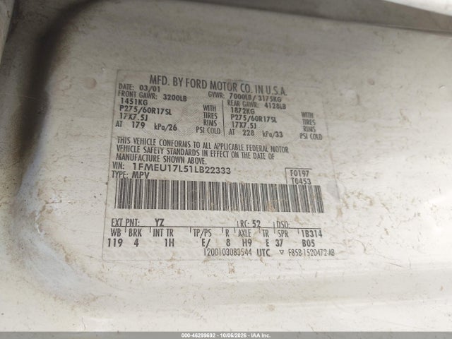 Продаж на аукціоні авто 2001 Ford Expedition Eddie Bauer, vin: 1FMEU17L51LB22333, номер лоту: 46299692