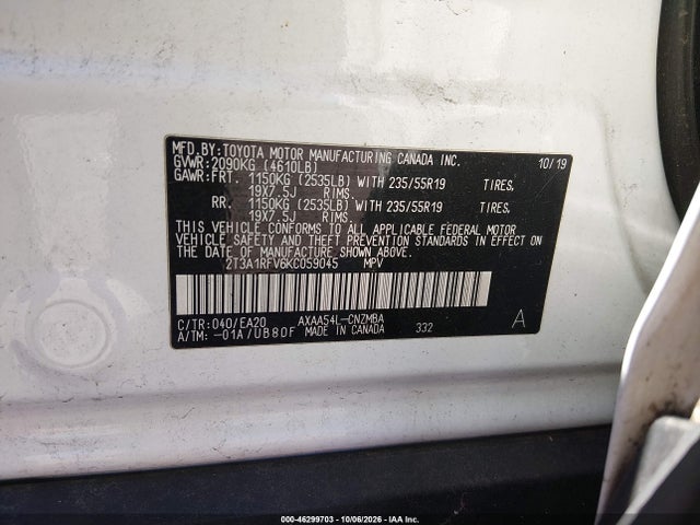 46299703 :رقم المزاد ، 2T3A1RFV6KC059045 vin ، 2019 Toyota Rav4 Xle Premium مزاد بيع