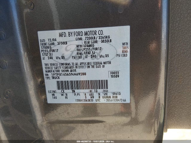 2005 Ford F-150 Fx4/lariat/xl/xlt მანქანა იყიდება აუქციონზე, vin: 1FTPX14565NA69288, აუქციონის ნომერი: 46299733