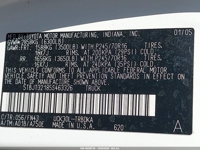 46299735 :رقم المزاد ، 5TBJT32185S463326 vin ، 2005 Toyota Tundra Base V8 مزاد بيع
