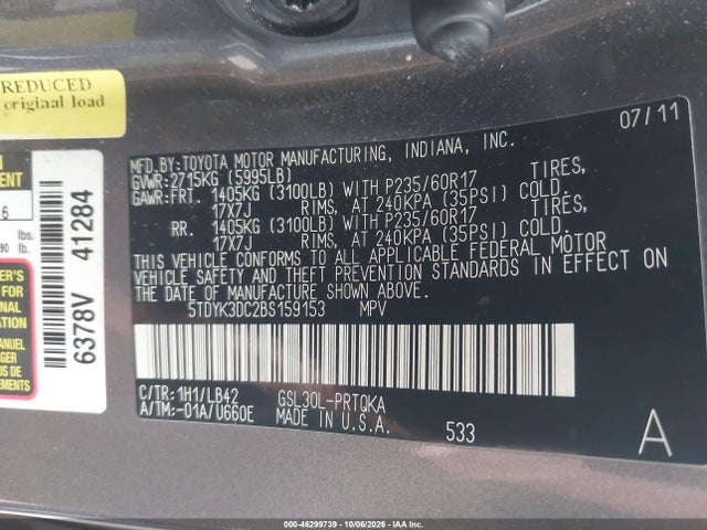 2011 Toyota Sienna Xle V6 მანქანა იყიდება აუქციონზე, vin: 5TDYK3DC2BS159153, აუქციონის ნომერი: 46299739