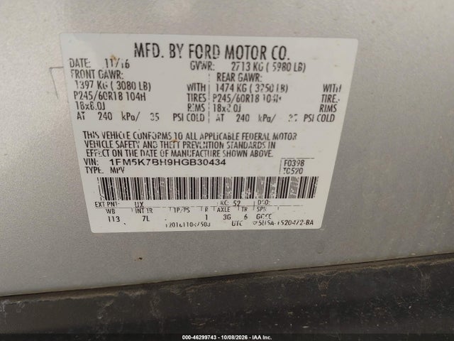 46299743 :رقم المزاد ، 1FM5K7BH9HGB30434 vin ، 2017 Ford Explorer مزاد بيع