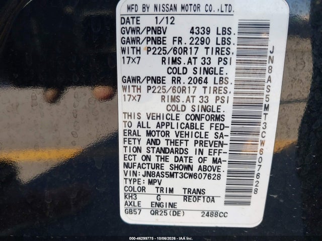 Aukcja sprzedaży 2012 Nissan Rogue Sv, vin: JN8AS5MT3CW607628, numer aukcji: 46299775
