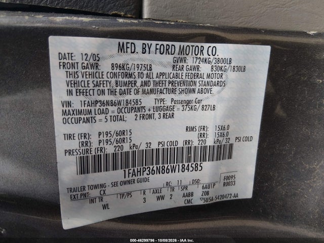 Auction sale of the 2006 Ford Focus Zxw, vin: 1FAHP36N86W184585, lot number: 46299796