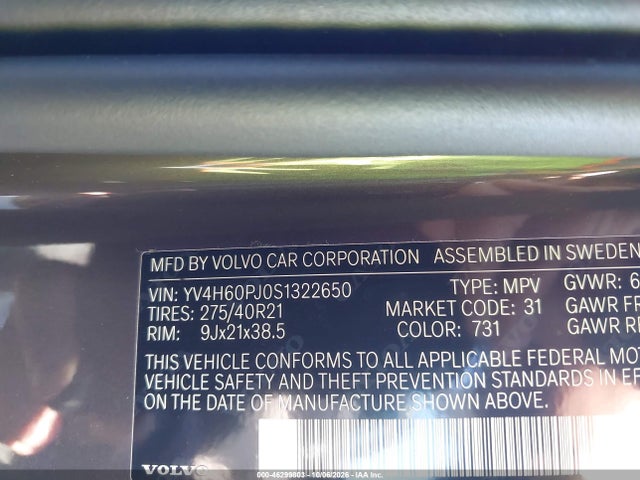 Продажа на аукционе авто 2025 Volvo Xc90 Plug-in Hybrid T8 Core 7-seater, vin: YV4H60PJ0S1322650, номер лота: 46299803