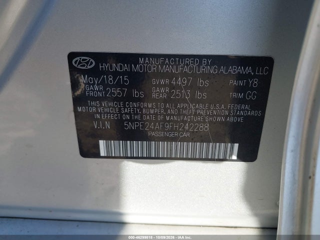 Aukcja sprzedaży 2015 Hyundai Sonata Se, vin: 5NPE24AF9FH242288, numer aukcji: 46299818