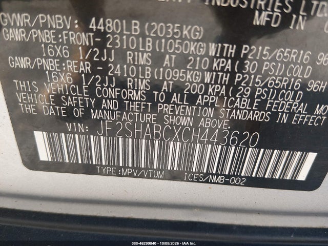 Продаж на аукціоні авто 2012 Subaru Forester 2.5x, vin: JF2SHABCXCH443620, номер лоту: 46299840