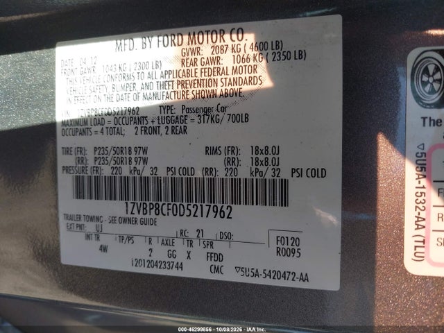 Продажа на аукционе авто 2013 Ford Mustang Gt Premium, vin: 1ZVBP8CF0D5217962, номер лота: 46299856