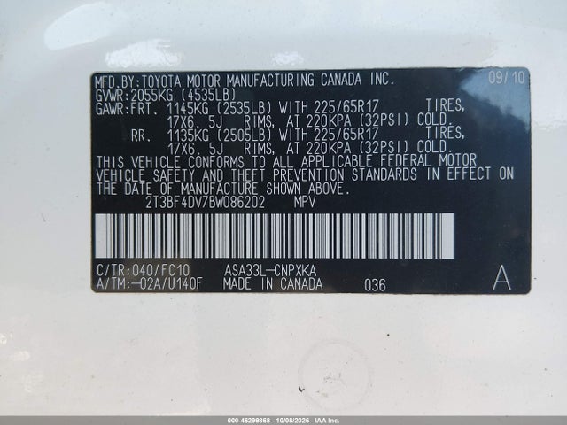 46299868 :رقم المزاد ، 2T3BF4DV7BW086202 vin ، 2011 Toyota Rav4 مزاد بيع