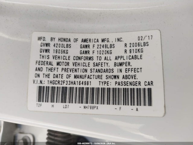 Honda ACCORD LX 2017 1HGCR2F33HA164981 Image 9