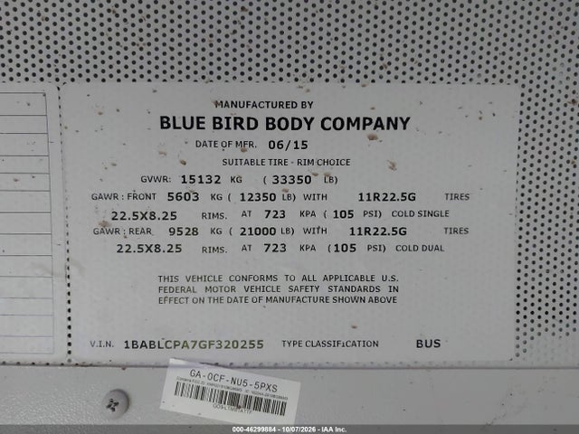 Blue Bird School Bus / Transit Bus 2016 1BABLCPA7GF320255 Image 9