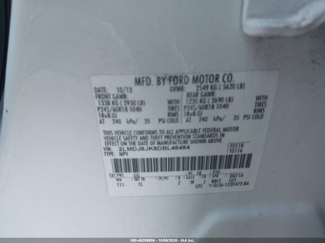 Продаж на аукціоні авто 2013 Lincoln Mkx, vin: 2LMDJ8JK8DBL48484, номер лоту: 46299896