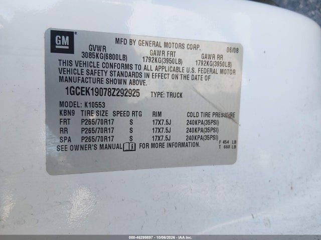 2008 Chevrolet Silverado 1500 Lt2 მანქანა იყიდება აუქციონზე, vin: 1GCEK19078Z292925, აუქციონის ნომერი: 46299897
