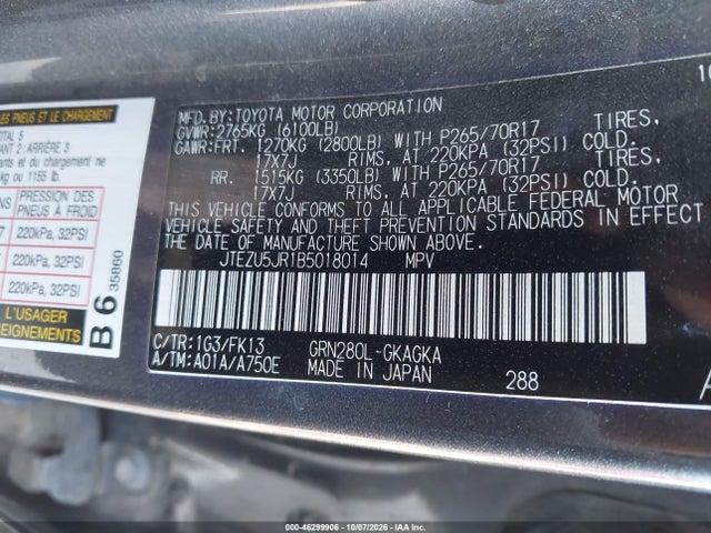 Aukcja sprzedaży 2011 Toyota 4runner Sr5 V6, vin: JTEZU5JR1B5018014, numer aukcji: 46299906