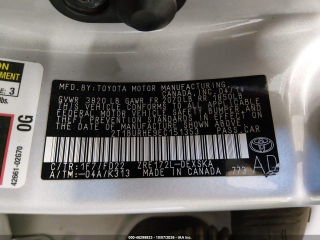 46299923 :رقم المزاد ، 2T1BURHE9EC151353 vin ، 2014 Toyota Corolla S مزاد بيع