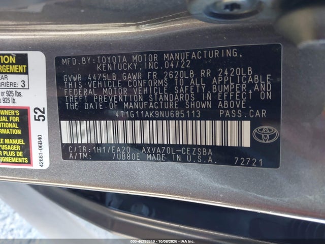 46299949 :رقم المزاد ، 4T1G11AK9NU685113 vin ، 2022 Toyota Camry Se مزاد بيع